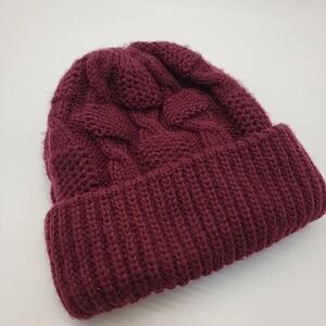 PETRACCI Italy Chunky Cable Knit Wool Blend Beanie Hat Burgundy Soft Thick
